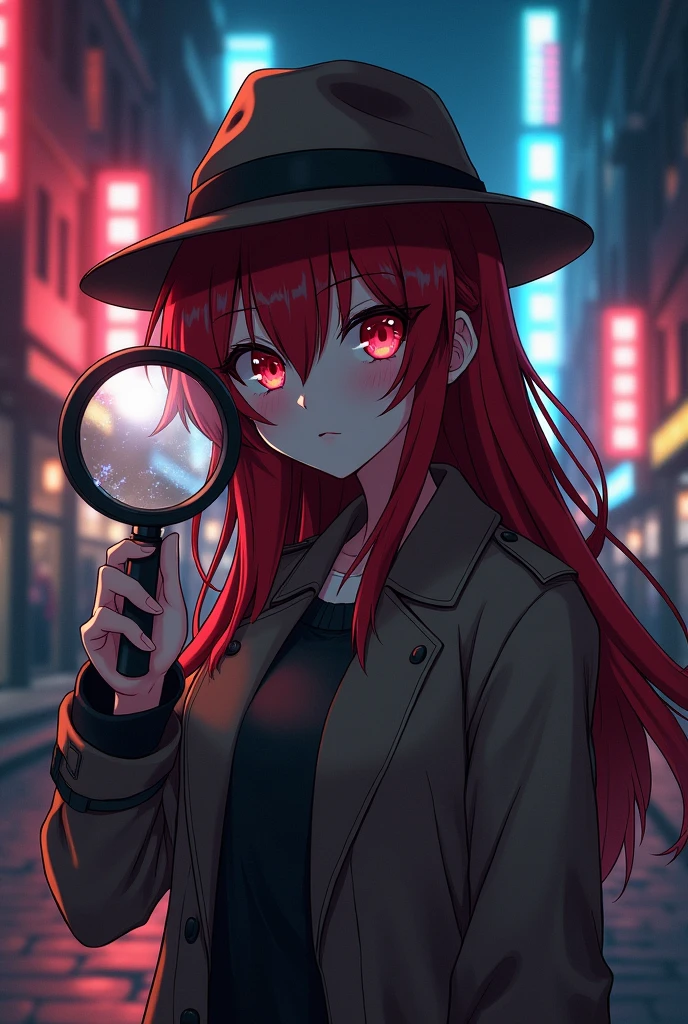 Anime character woman with long red hair and red eyes dressed as a detective with a magnifying glass in her hand investigating in a town at night