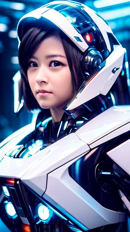Wide-angle shot, 1 female, Mecha, Glowing black eyes, Very cute face, (Realistic:1.37), バイオMechaニカル, Spaceship interior bokeh background, Ultra-realistic, Very detailed, Very intricate details, Beautiful woman in focus