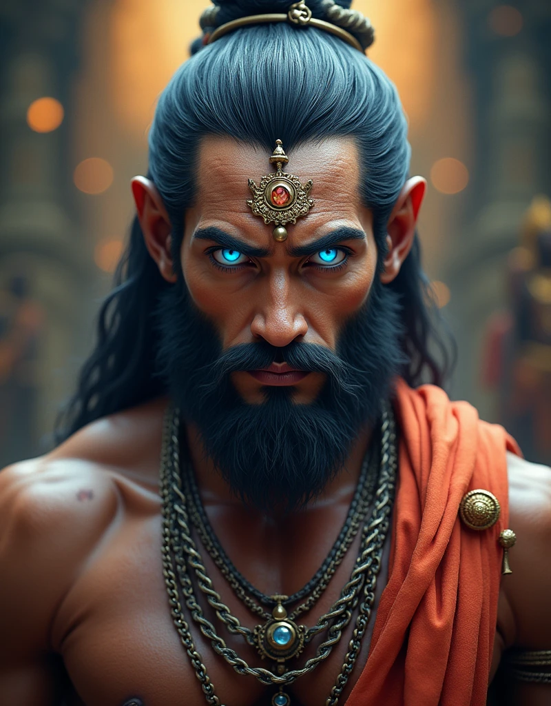 Lord Hanuman blue eyes image. Not light blue eyes. One tell and background of Shree Ram 