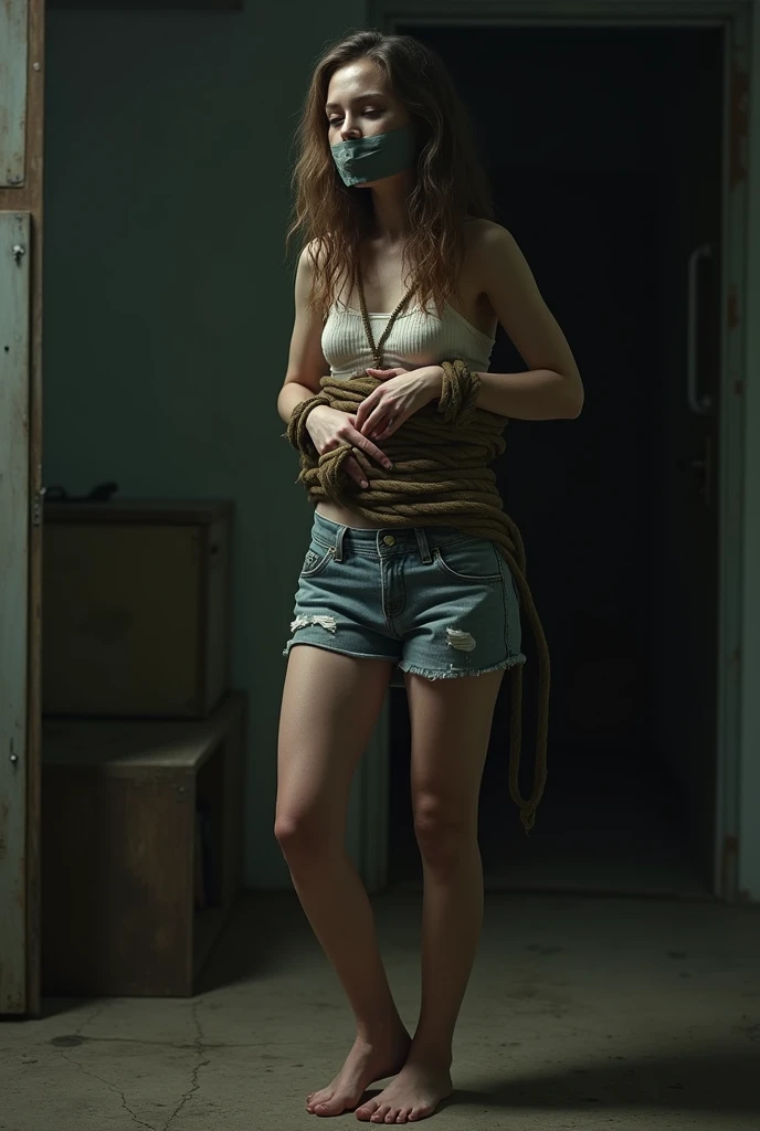 barefoot dressed woman tied up and gagged with tape over mouth
