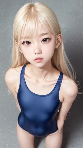 ((((sfw:1.5)))),((sfw:1.5)),((sfw:1.5)),((sfw:1.5)),((from above:1.5)),((Upper Body:1.5)) Korean Asian Teenager Photos、((Beautiful and cute idol girl:1.5))、Platinum Blonde Hair、11yo,Narrow eyes:1.5、Thin face、Thin neck、((Slim body)),((skinny):1.5),((Flat chest:1.5)),((clavicle)),((Narrow eyes:1.5))、(Thin arms)、(Thin neck)、(Thin lips)、A small smile、Thin arms、(Dark blue school swimsuit:1.5),cameltoe
