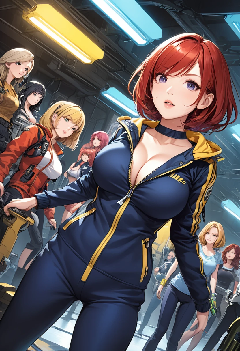 detailed illustration, dynamic angle, ultra-detailed, illustration, lots of women, 4girls, multiple girls, blonde, brunette, red head, long hair, short hair,  and a PipBoy on her wrist, machinery, industrial, inside, florescent lights, teens, milfs, medium breasts, large breasts, cleavage, wearing dark blue jump suits with yellow zippers