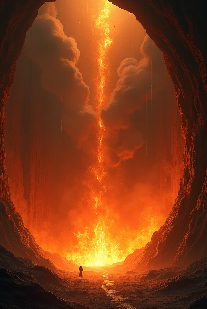 A fire is burning inside a very large hole