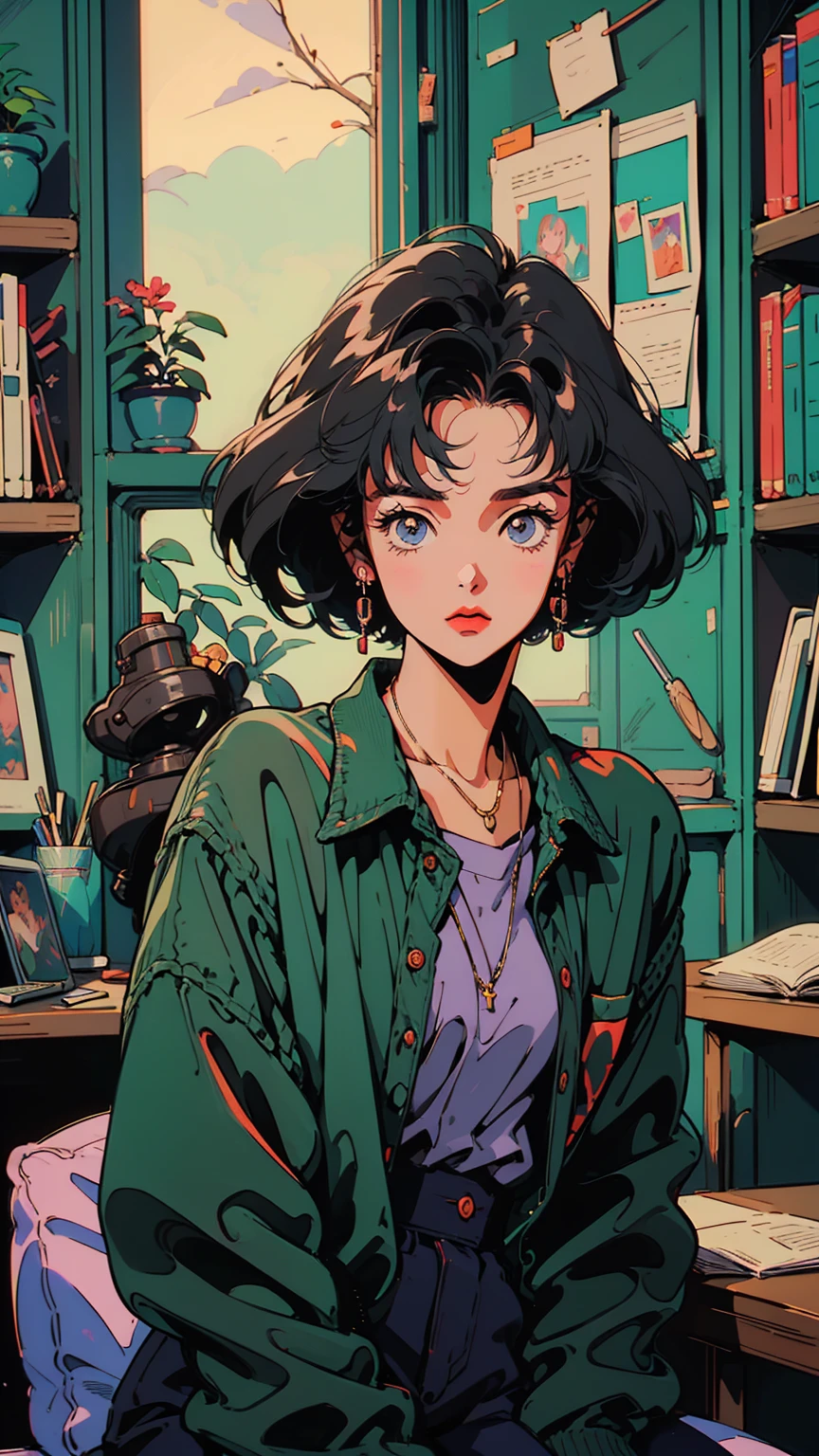(((Movie angle))), Bed in a room with bookshelves, Night sky outside the window, City outside the window, Bedside tables, Table lamp, Socks scattered on the floor, Cushions on the floor, (Tabletop:1.5, highest quality:1.5), ((Vaporwave Style, Partially colored)), (((vanilla))), Retro Anime, 1990s anime, 1980s anime, Retro Anime style, masterpiece, highest quality, Beautiful Anime, (ultra-Detailed Background, Detailed Background), High resolution, Very detailed, Lo-fi illustration, anime art wallpaper 4k, anime art wallpaper 4k,