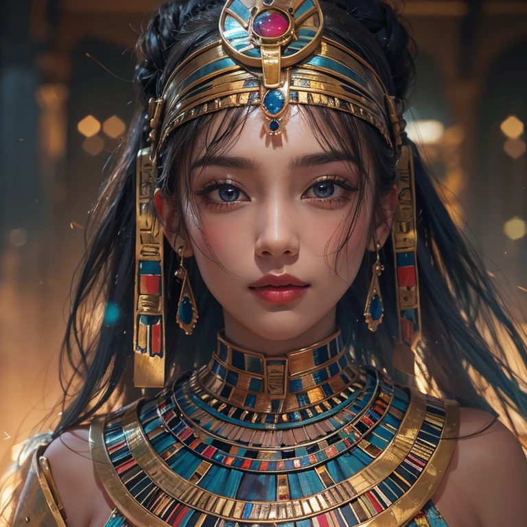 Pyramid on background、blue sky、Blowing hair 、 ((Highest quality、masterpiece、8k、Best image quality、Ultra-high resolution、Award-winning works)、(Accurate anatomy:1.1)、(Look at me and smile:1.0)、Shining fair skin with Ultra-high resolution、The most detailed face、Ultra-high resolution detailed face、Ultra-high resolutionの髪の毛、(Ultra-high resolution eye:1.1)、Beautiful face drawn in every detail、Ancient Egyptian costumes, Chest to chest, Dark atmosphere,Dark Light, Ancient Egyptian makeup,
