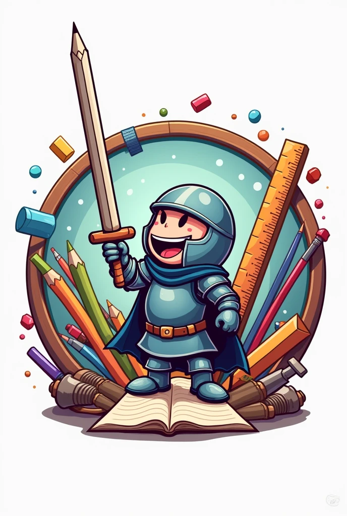 Round logo that has a cartoon drawing of a knight holding a pencil as a sword and in the background has a utensil like sheets of paper, pencils, rules and toys