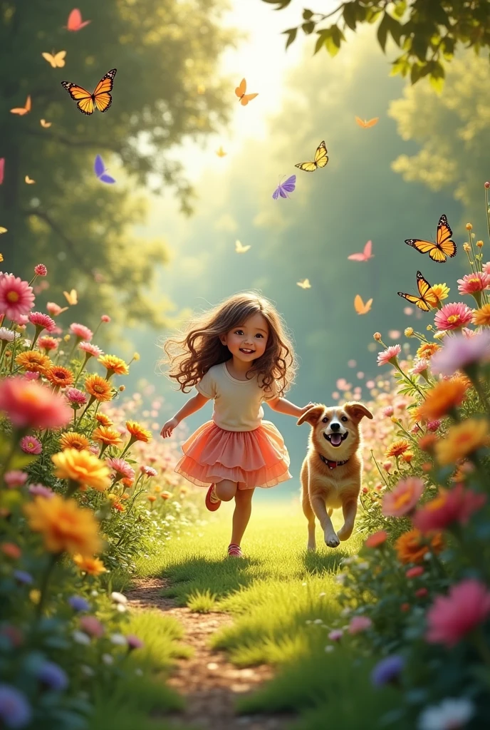 A dog and a girl playing ball in a garden full of butterflies 