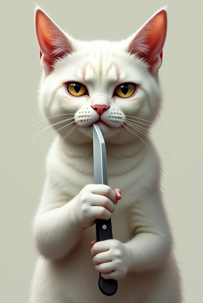 ((best quality)), ((masterpiece)), (detailed), perfect face, kitty white, knife, tired. The cat's expression should show stress and irritation but also retain a level of cuteness."