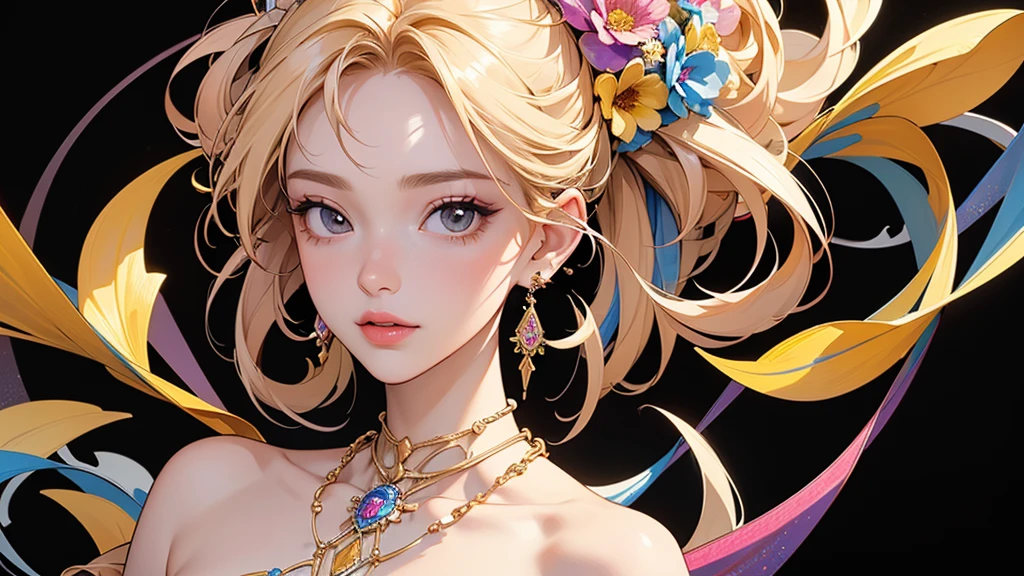 32K, 最高quality, 最高masterpiece, (ultra-Detailed Background, Detailed Background), High resolution, Super detailed, Very detailedな, 1 personの, (bouquet:1.3), (Tangled:1.2), (Geometric:1.2),(colorful),(masterpiece, quality, best quality, Official Art, Beautiful and beautiful:1.2), (1 person:1.3), Very detailed,(colorful:1.1)(Flowers:1.3),Most detailed,(Tangled:1.2), whole body, (Abstract background:1.3), (Skin glows), (Many colors:1.4), ,(Earrings Jewelry:1.5), Yellow background, It's imaginative., Milk tea colored hair, Updo,
