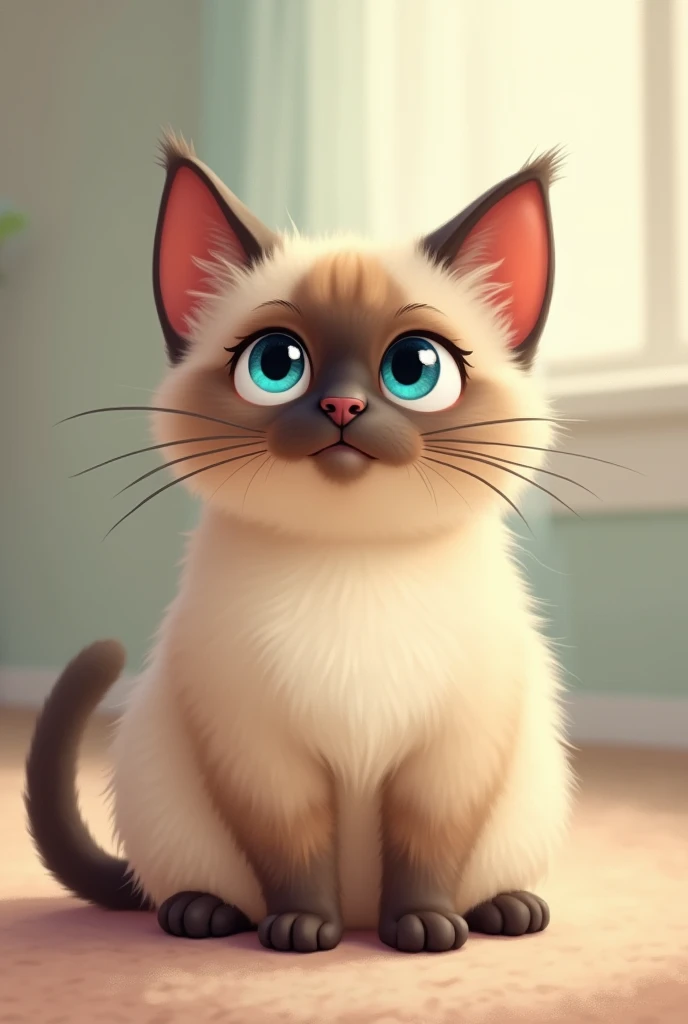 A fat adult male Siamese cat with blue eyes in animation style