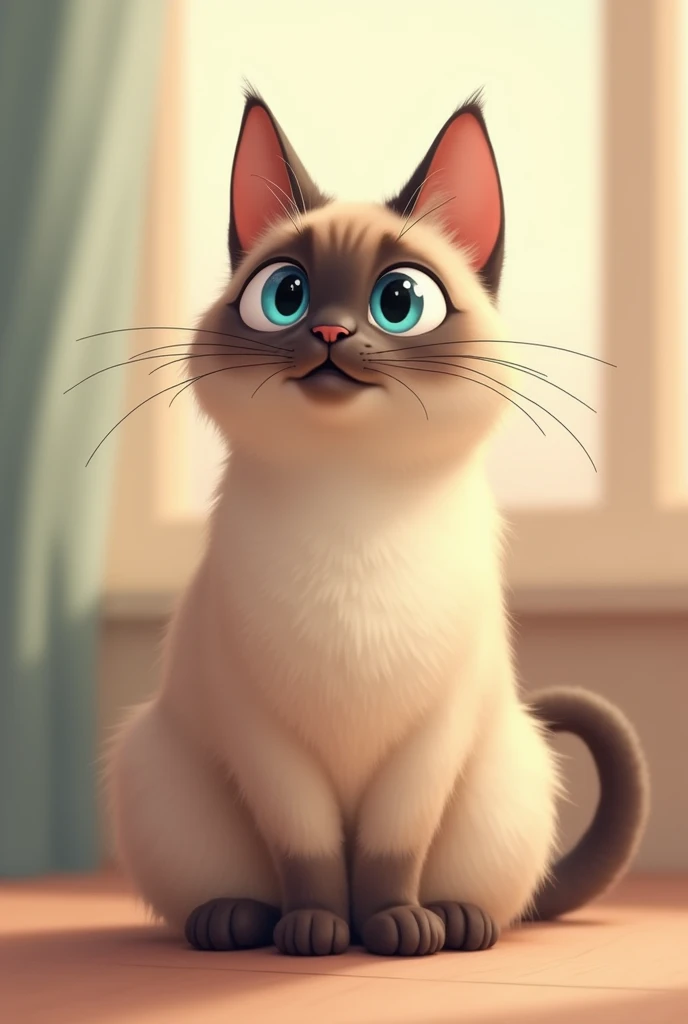 A fat adult male Siamese cat with blue eyes in animation style
