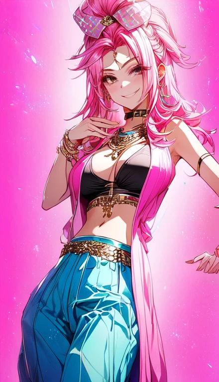 A smug narcissistic pink haired woman wearing a pink bra and blue pants and lots of jewelry flaunting herself 