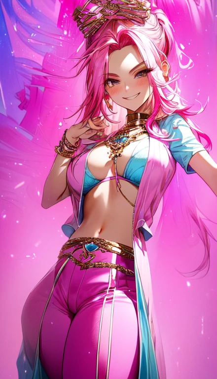 A smug narcissistic pink haired woman wearing a pink bra and blue pants and lots of jewelry flaunting herself
