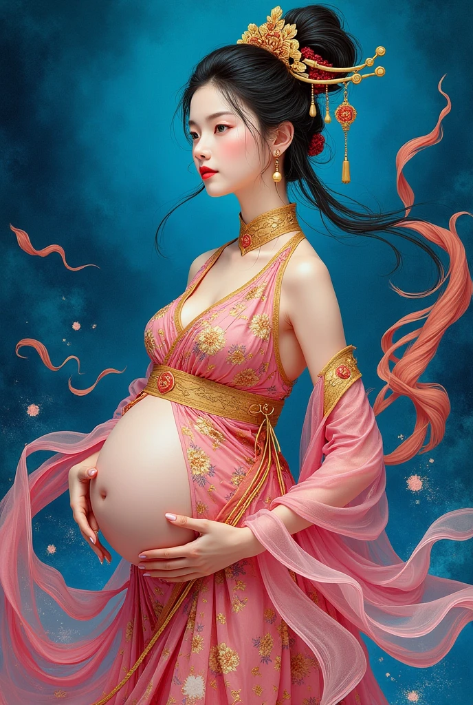 Ancient pregnant  beauty with expression，Busy，The artwork is created with gouache on paper, with bold colors and patterns reflecting the artist's unique artistic vision. It combines deep blue shades, creating a compelling visual experience. This work depicts an elegant figure on a black background, adding depth to the entire work，New China，Color curve，Exquisite Han Dynasty chiffon dress，High-speed motion blur