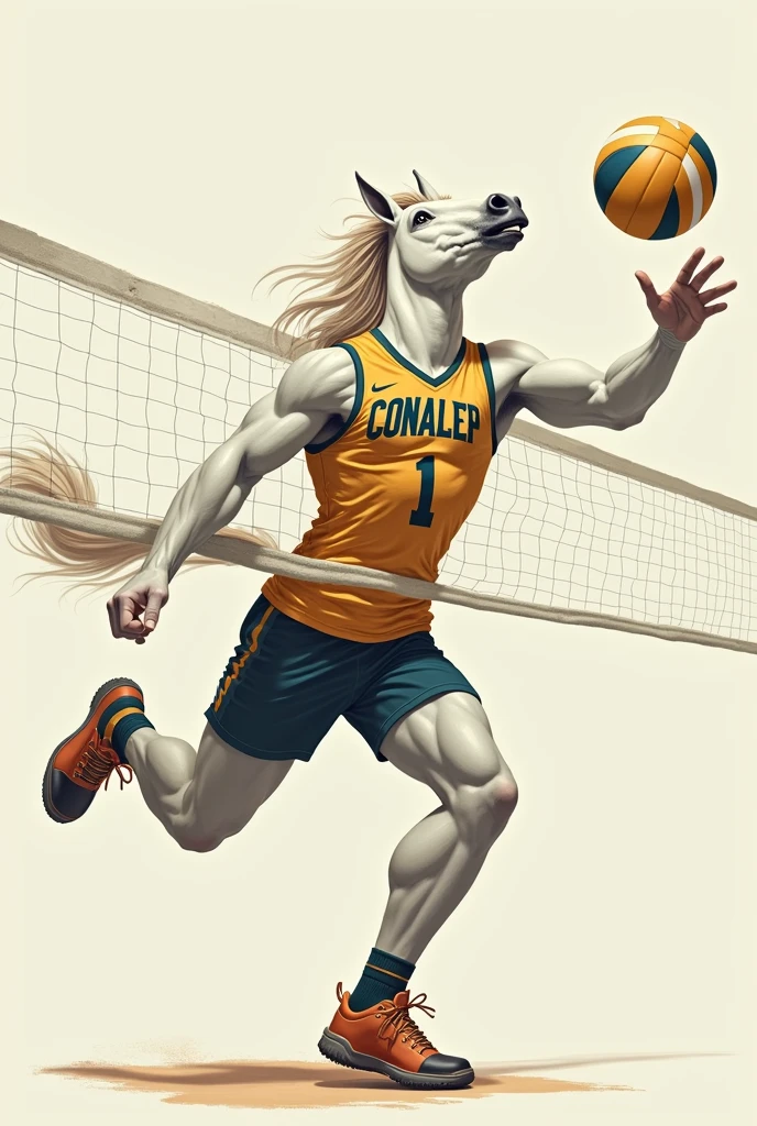 A male volleyball player with a horse head and his uniform says conalep with white skin, spiking the volleyball 
