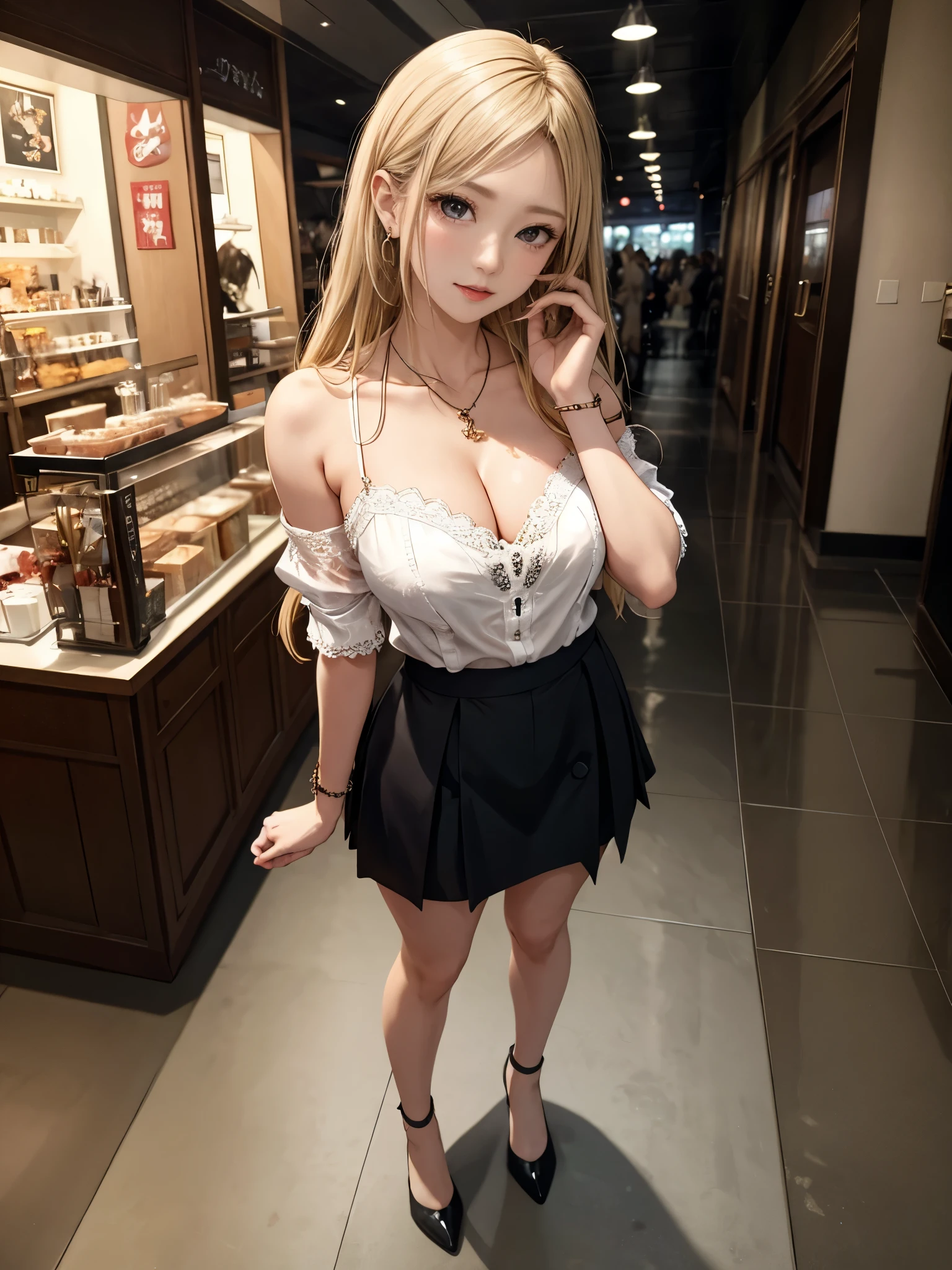 ((Biologically correct limb count))、((Full Body Shot, Full-body photo including face、Head to toe photos))、4K、(masterpiece:1.3)、((Symmetrical facial features))、Eyes of meticulous depiction、beautiful 、Excellent style、((skirt、The neckline is a lace embroidered sheer shirt.、High heels with anklets))、Detailed Description、shopping、Married Woman、sex appeal、Alluring、Handbags、Earrings、necklace、Looking up、Blonde、(male:-0.5),(multiple:-1)