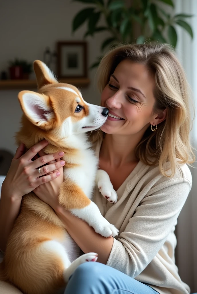 Photo of an 8-month-old corgi kissing a middle-aged woman with shoulder-length hair on the cheek.