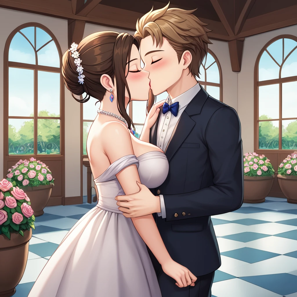 A boy kissing a girl on her forehead. And girl looks at his eyes,they are standing in beautiful garden and the weather is nice and pleasant day