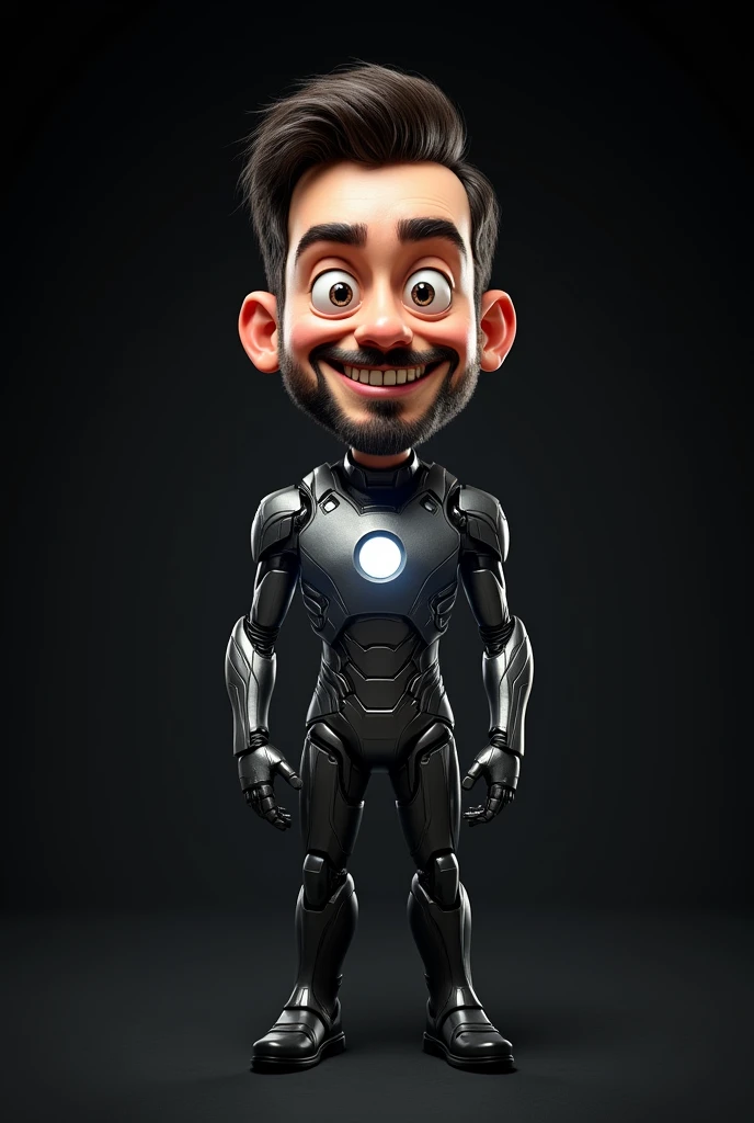 (photorealism:1.2), create a image man waring a iron man shout give face like a carton and give the background fully dark