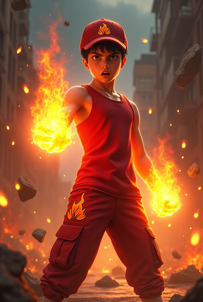 a man real teenage 15 year old Malaysia Indonesia.(orange eyes) Glowing eyes. Anger face. Open mouth. . wearing an (ruby red ) singlet, (ruby red) cap with small logo (flame) logo. anger face . Dramatic. ruby red singlet ,(ruby red)cargo pant,, detailed face, cinematic lighting, dramatic atmosphere,.hot day. vibrant colors, 8k, high quality, photorealistic. Hero suit. fire flame from his hand. Glowing fireblast ember element from hand, ember everywhere . Glowing hand fire , flame patern logo design on pant . Very strong. Future design dress. Very epic. Very hot background.. dark sky. Very strong . fire very strong . Flying burn dry leave everywhere.. fire ball sharp shape power from hand .rasengan . At city. Damage building. Floating small rock everywhere. kamehaha
