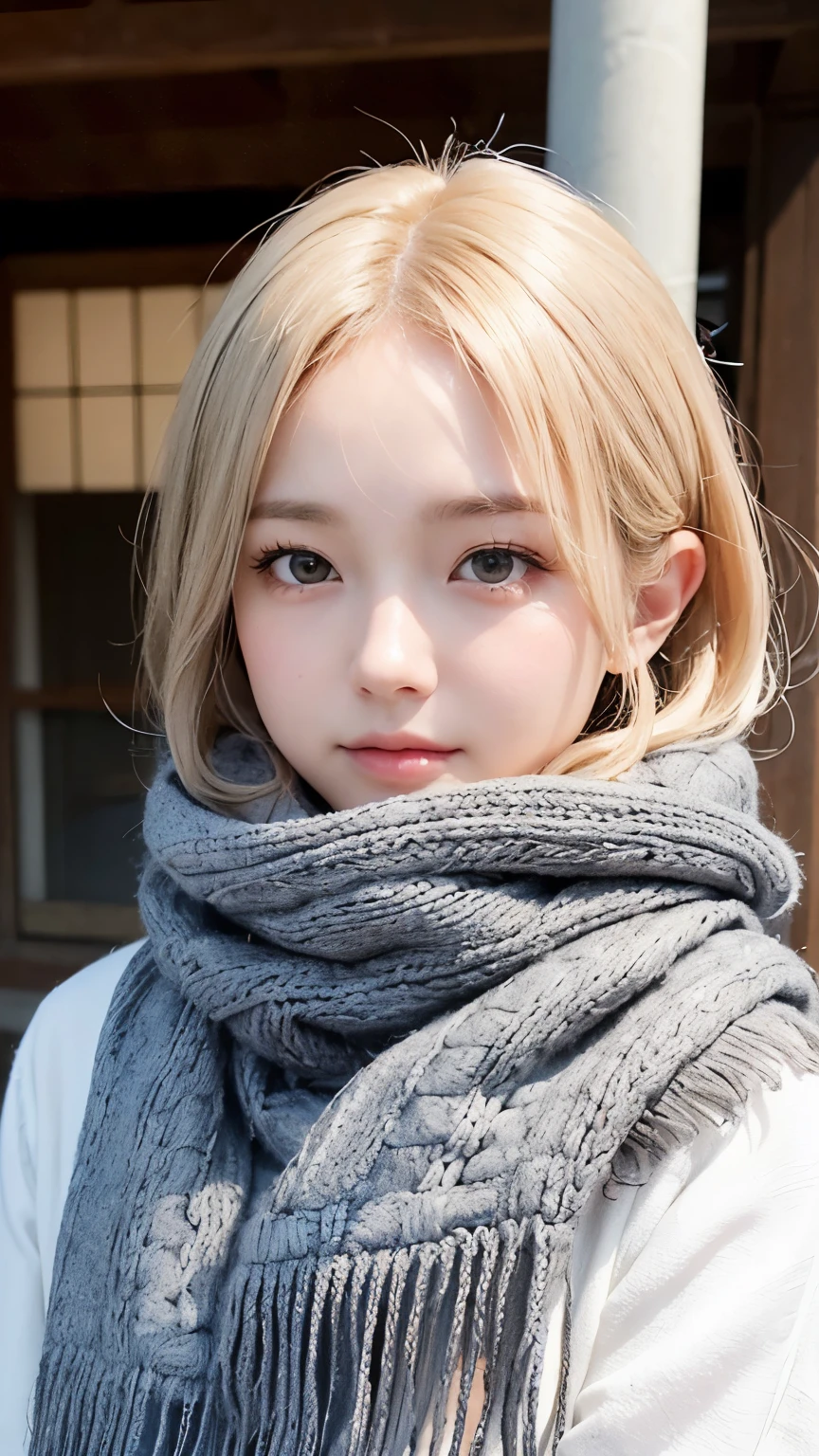 ((No makeup、Close your mouth:1.2))、(Realistic、Photorealistic、Ultra-detailed、Highest Detail Skin、Highest quality、masterpiece、Ultra-high resolution)、Cute Russian Women、、high school girl、young、One Girl、Has bangs、Ash Blonde:1.7、double eyelid、drooping eyes、Japanese style face、purity、Double teeth、Realistic skin types、Thick muffler、Gray muffler、Fluffy hair、((Hair is tucked into the scarf:1.3))、Red cheeks、The wind is blowing、It&#39;s snowing、night、illumination、Lighting from behind