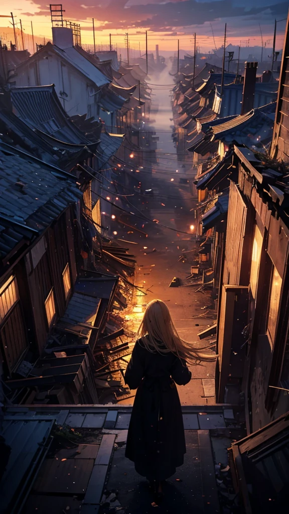1people々々々々々々々々々々々々,Blonde long-haired woman,Long coat, Dress Silhouette, Rear View, Anime Style,evening, Looking down from the rooftop at the rubble-covered city.,Collapsed building,Seeing missiles cover the sky,