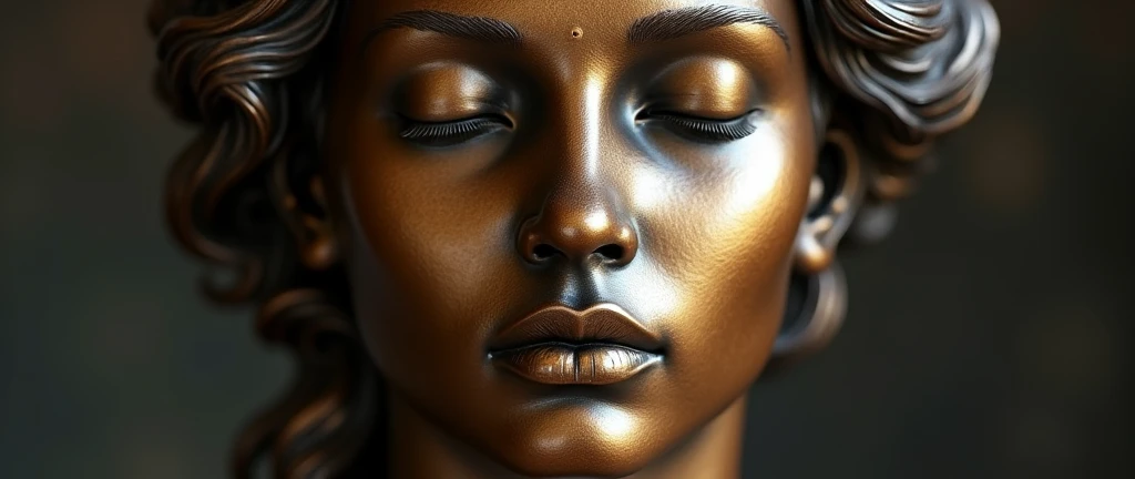 the face of a muse with closed eyes, hyperrealistic bronze sculpture