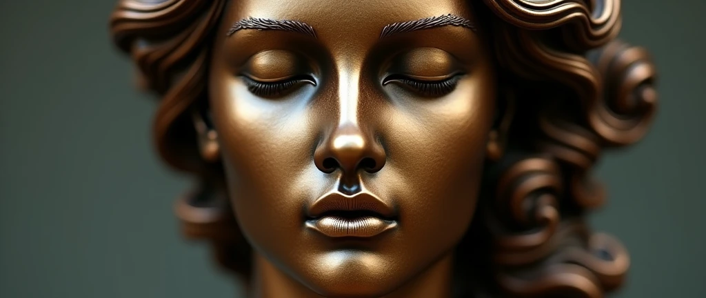 the face of a muse with closed eyes, hyperrealistic bronze sculpture