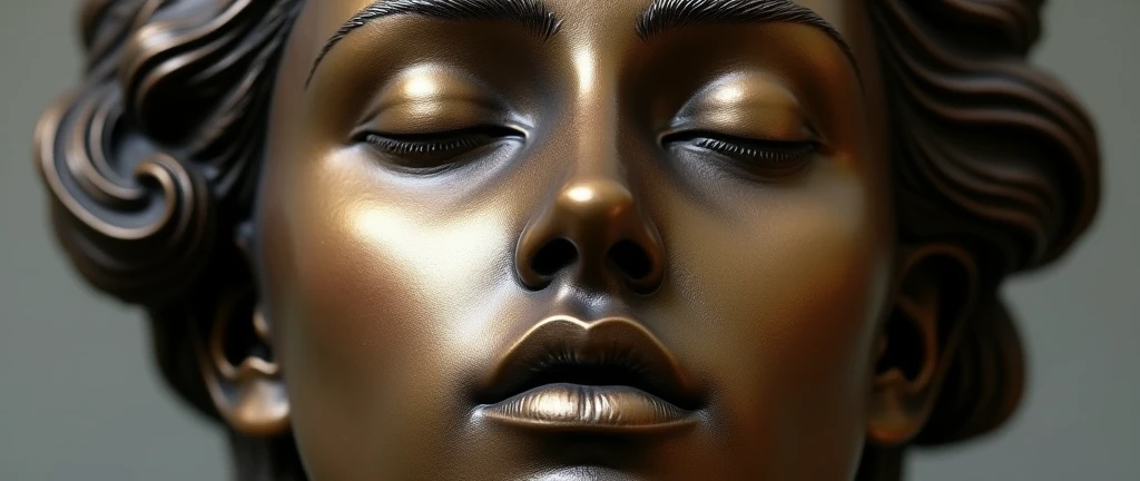 the face of a muse with closed eyes, hyperrealistic bronze sculpture