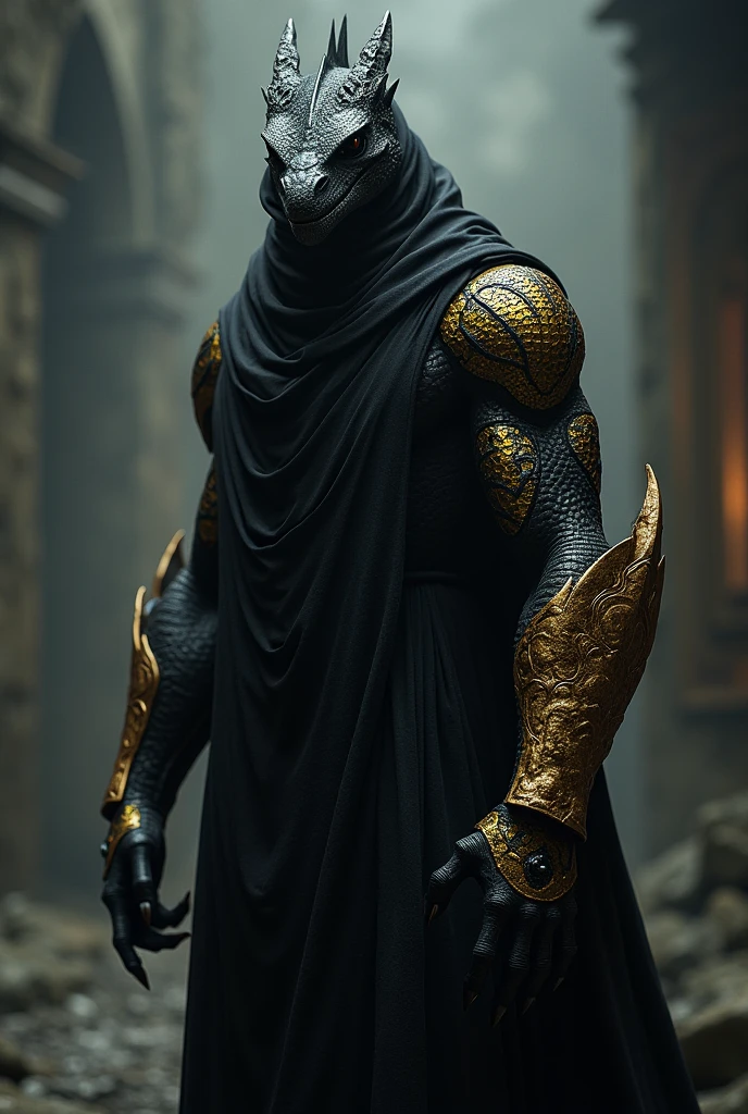 A dragonborn dressed in all black were you can only see one of his gold arms