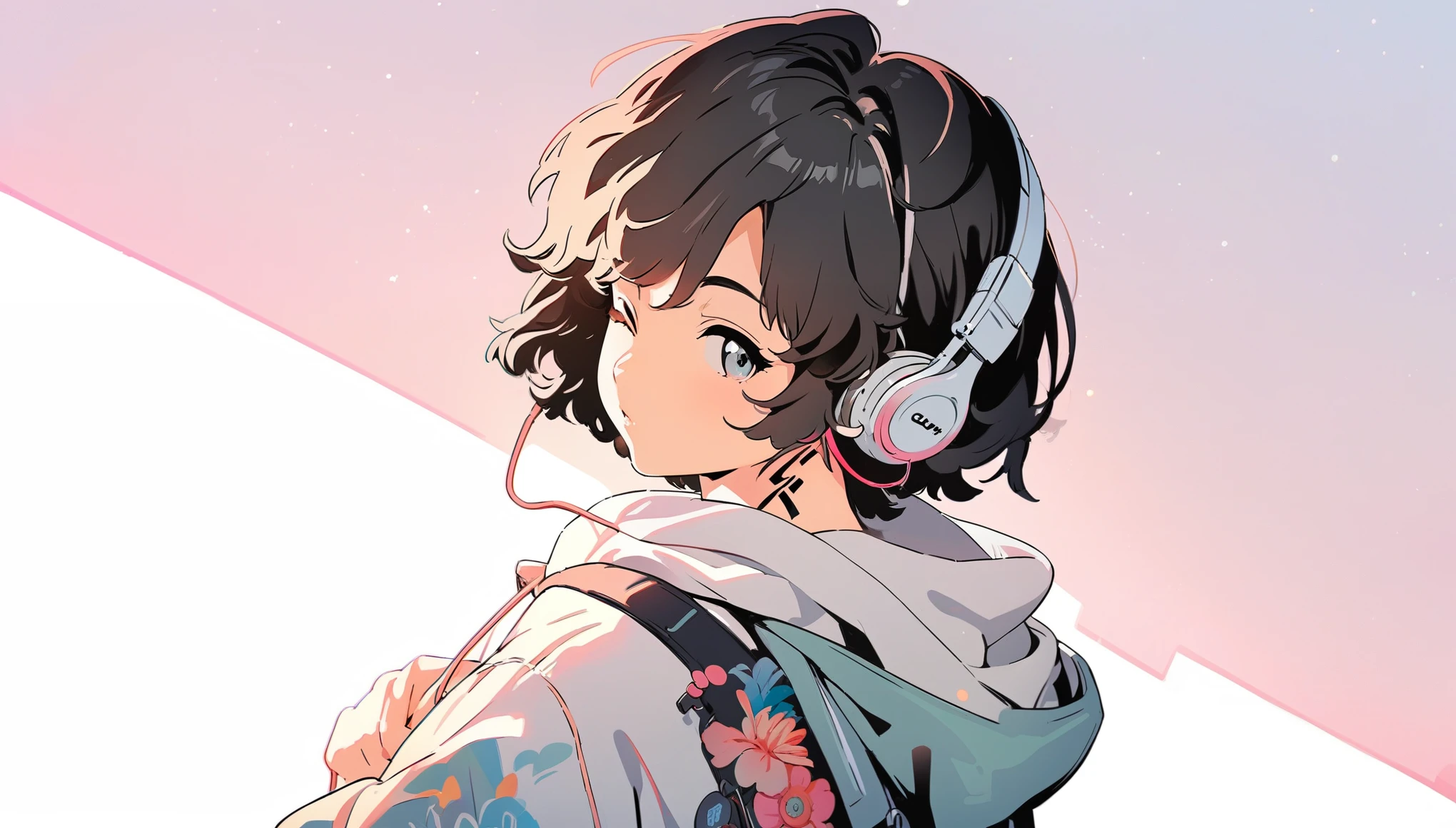(extremely detailed CG unity 8k wallpaper), (best quality), (best illustration), (best shadow), realistic lighting, beautiful detailed reglow, masterpiece, best quality, lofi artstyle, lofi art, 80s anime style, Retro, Lofi, solo, looking at viewer, short hair, simple background, black hair, long sleeves, 1boy, white background, hair between eyes, jewelry, upper body, male focus, hood, bag, from side, hoodie, tattoo, profile, piercing, backpack, hood down, cross, neck tattoo, Using headphone, headphone, eyes closed