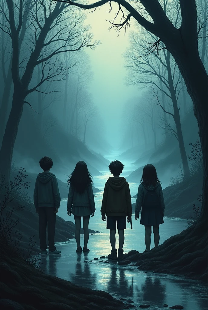 Cover for a book about a mysterious town where the protagonists are two boys and two girls. With the words silent Creek 