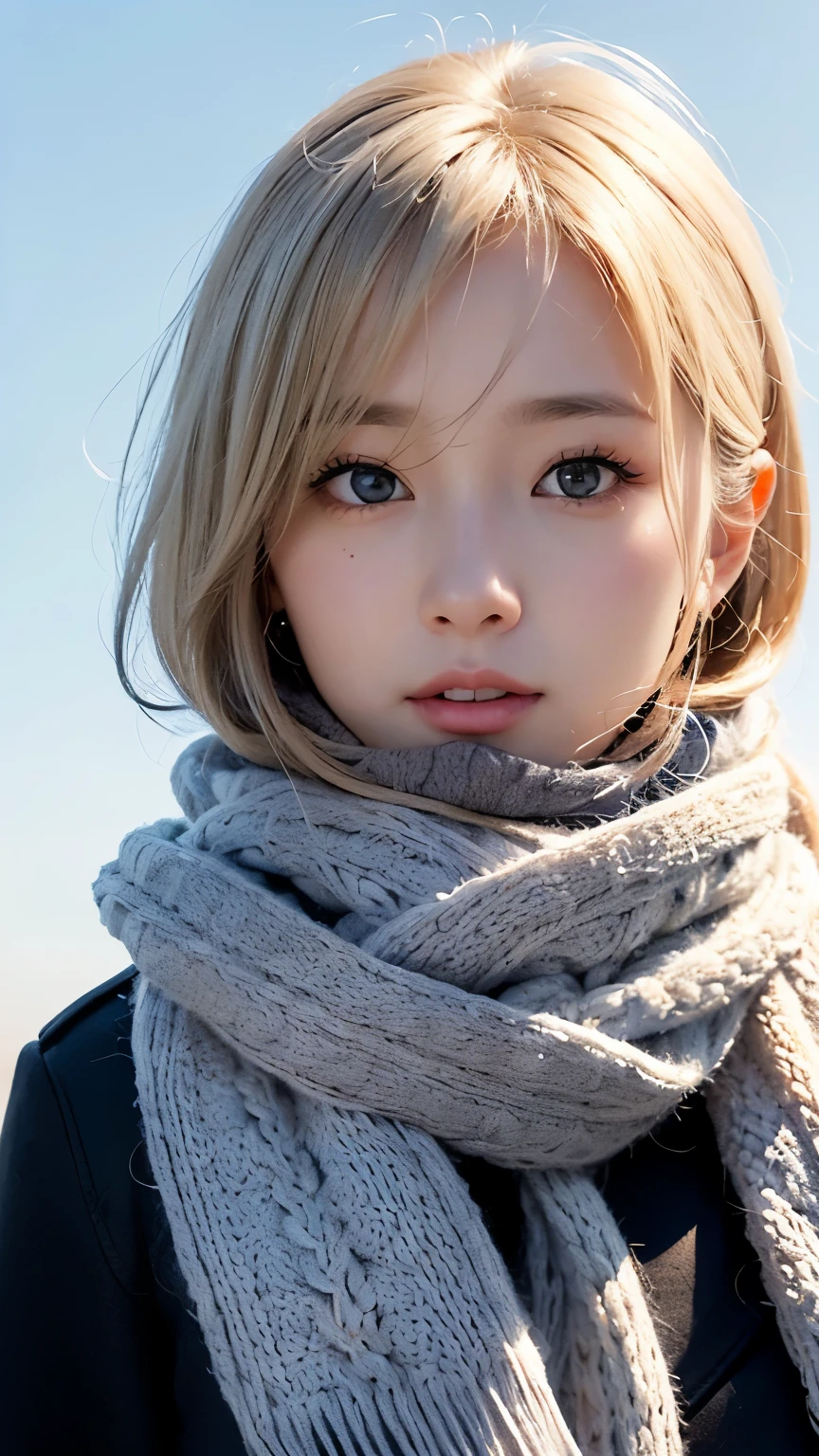 ((No makeup、Close your mouth:1.2))、(Realistic、Photorealistic、Ultra-detailed、Highest Detail Skin、Highest quality、masterpiece、Ultra-high resolution)、Cute Russian Women、、high school girl、young、One Girl、Has bangs、Ash Blonde:1.7、double eyelid、drooping eyes、Japanese style face、purity、Double teeth、Realistic skin types、Thick muffler、Gray muffler、Fluffy hair、((Hair is tucked into the scarf:1.3))、Red cheeks、The wind is blowing、It&#39;s snowing、night、illumination、Lighting from behind