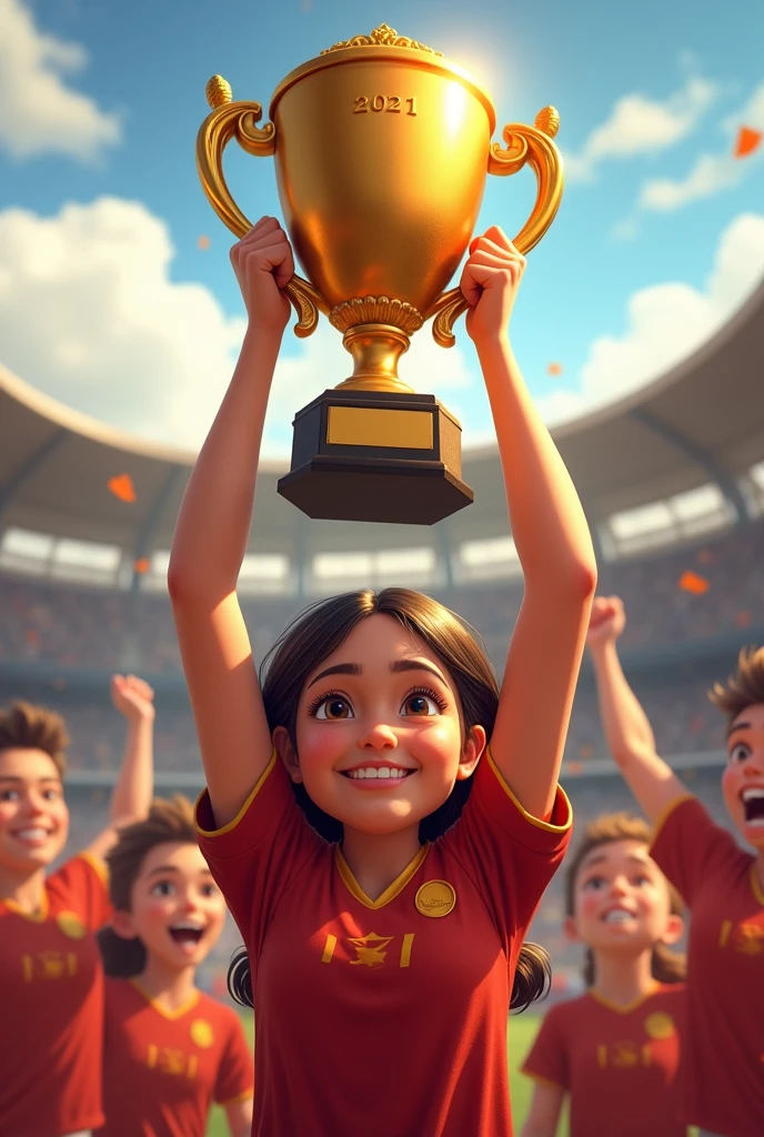 girl carry trophy