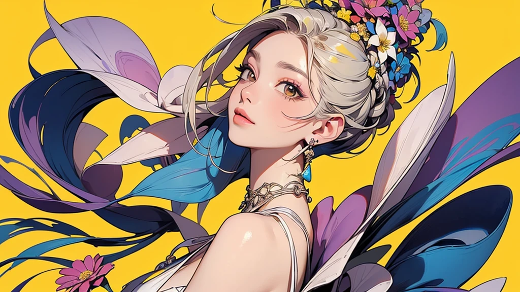 32K, 最高quality, 最高masterpiece, (ultra-Detailed Background, Detailed Background), High resolution, Super detailed, Very detailedな, 1 personの, (bouquet:1.3), (Tangled:1.2), (Geometric:1.2),(colorful),(masterpiece, quality, best quality, Official Art, Beautiful and beautiful:1.2), (1 person:1.3), Very detailed,(colorful:1.1)(Flowers:1.3),Most detailed,(Tangled:1.2), whole body, (Abstract background:1.3), (Skin glows), (Many colors:1.4), ,(Earrings Jewelry:1.5), Yellow background, It's imaginative., Milk tea colored hair, Updo,