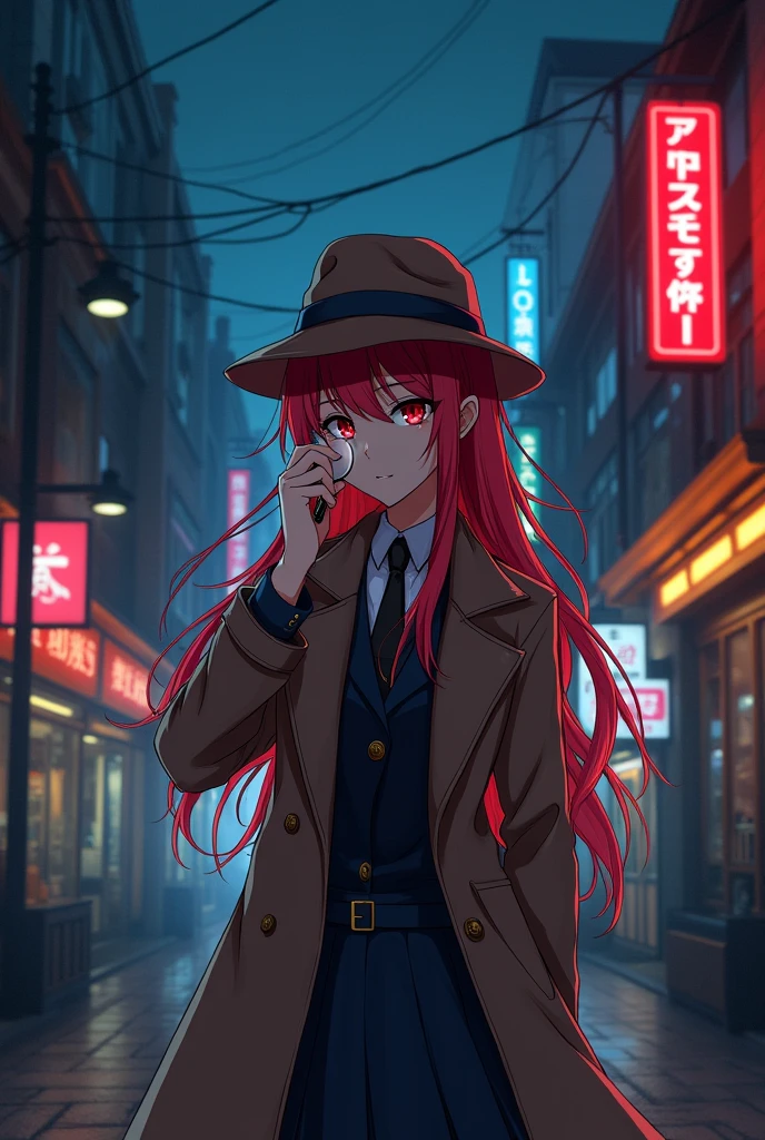 Anime character woman with long red hair and red eyes dressed as a detective with a magnifying glass in her hand investigating in a town at night