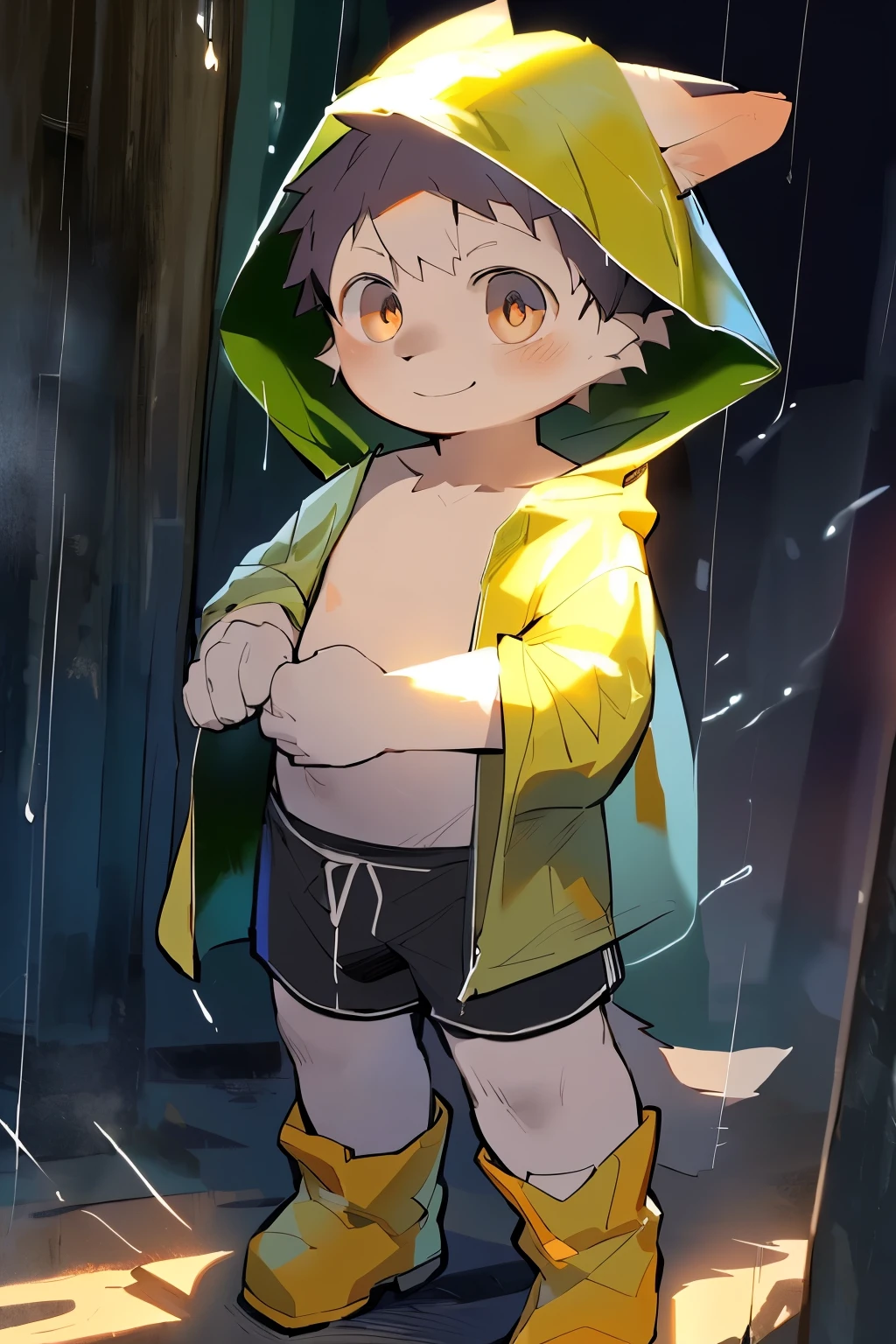 masterpiece, best quality, Perfect anatomical structure, Bright Eyes, Big watery eyes, From milkytiger1145, author：K0BIT0WANI,juvenile，Big boy, best quality, high resolution, Extremely detailed,Realistic Tips, , （Wearing a nude, loose, semi-transparent hooded raincoat，Transparent raincoat，Raincoat hood，Boy shorts）, rain, Rain boots,Standing，Smile， external, close up，((Boy，shota))，