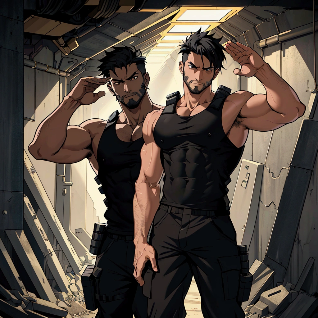 masterpiece, best quality, 8K, ultra res, extremely detailed,, Anime illustration style. A wild-looking 30-year-old man standing in a futuristic underground passage. A bold face. Full figure. A muscular military man. Short black hair, black eyes, expressionless. Wearing a tank top and military pants. Saluting.
