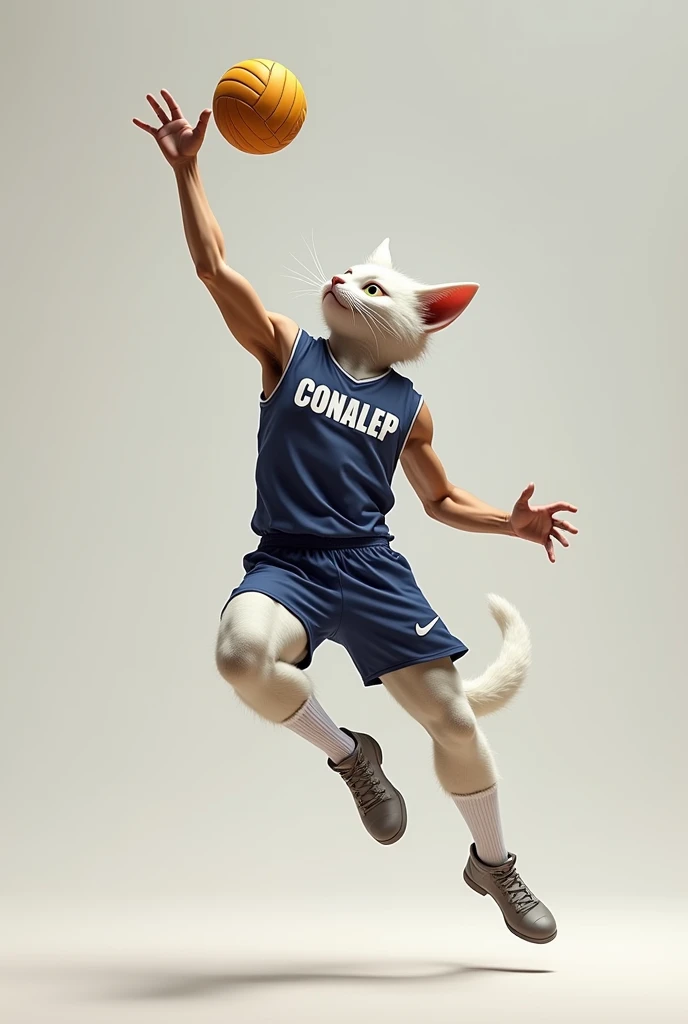 A male volleyball player with a cat head and his uniform says conalep with white skin, spiking the volleyball 