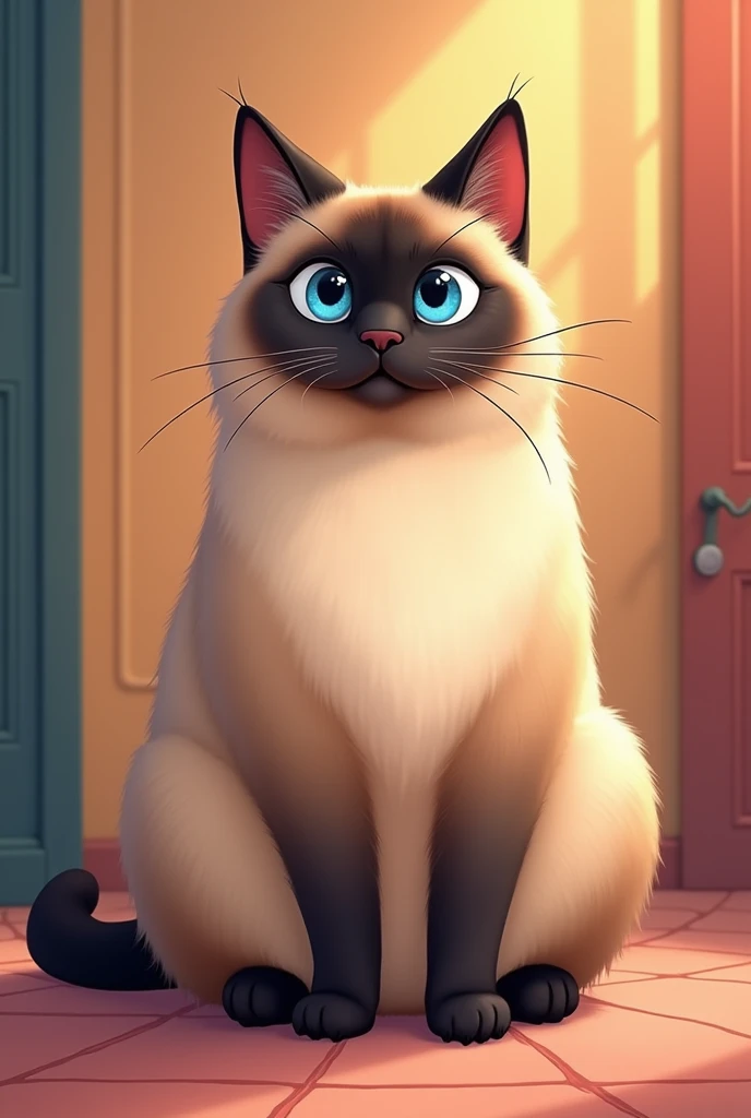 A fat adult male Siamese cat with blue eyes and seducing animation style