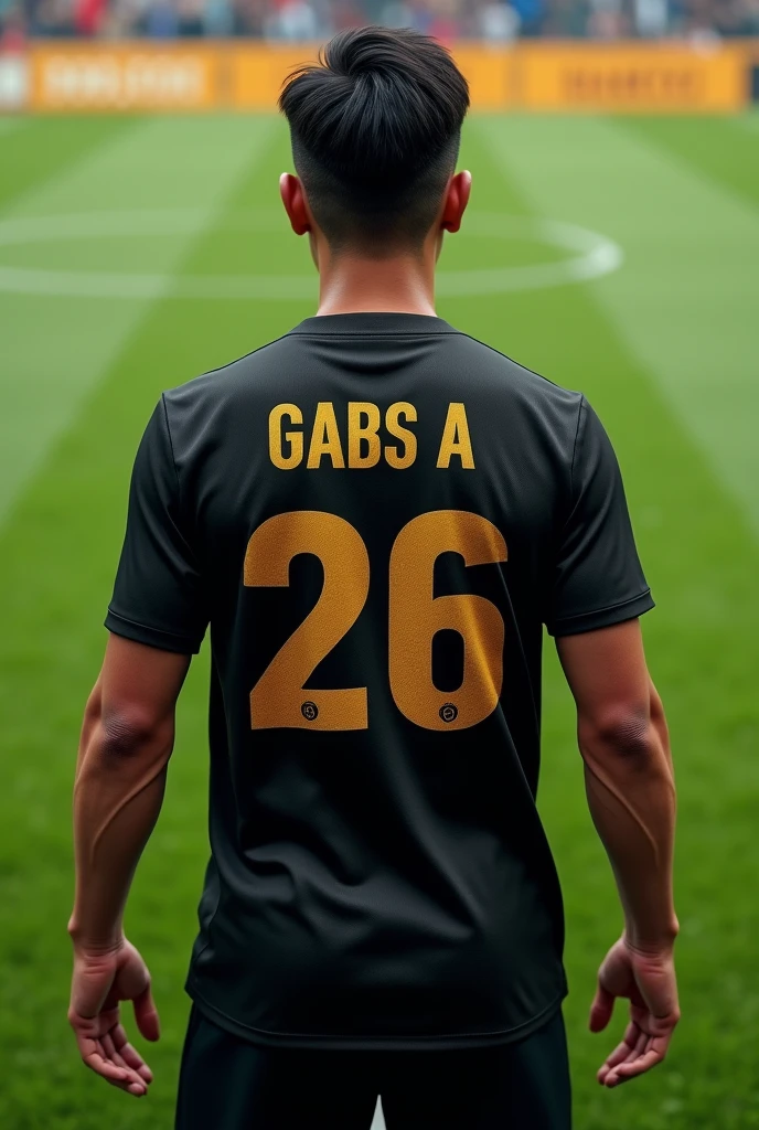 (photorealism) 18 year old Indonesian male wearing a black jersey on the football field ,facing back ,dengan nomor punggung 26 gold color,Nameset (Gabs A ) gold color ,