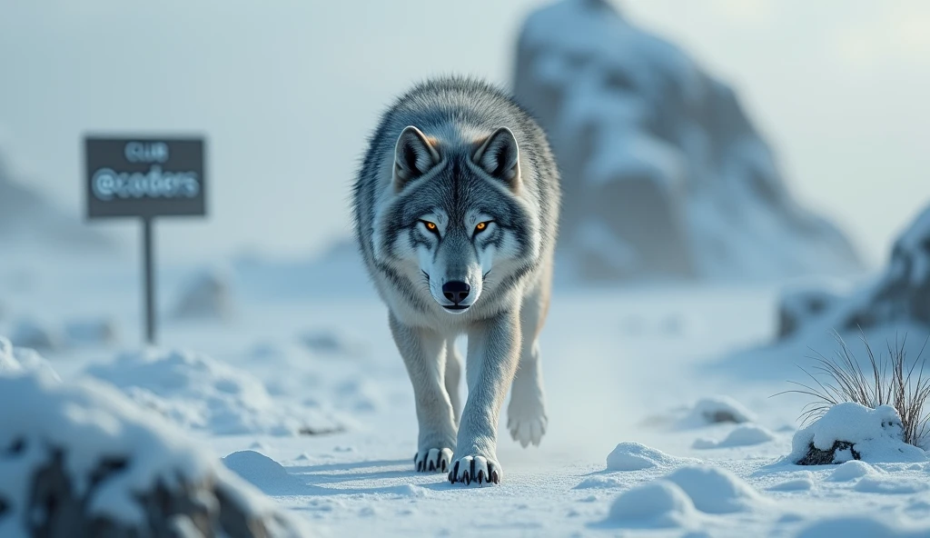 detailed alpha wolf, tundra landscape, a sign that says "Club @coders", cinematic lighting, dramatic composition, volumetric fog, muted color palette, hyper realistic, octane render, 8k, highly detailed, photorealistic