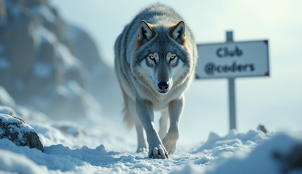 detailed alpha wolf, tundra landscape, a sign that says "Club @coders", cinematic lighting, dramatic composition, volumetric fog, muted color palette, hyper realistic, octane render, 8k, highly detailed, photorealistic