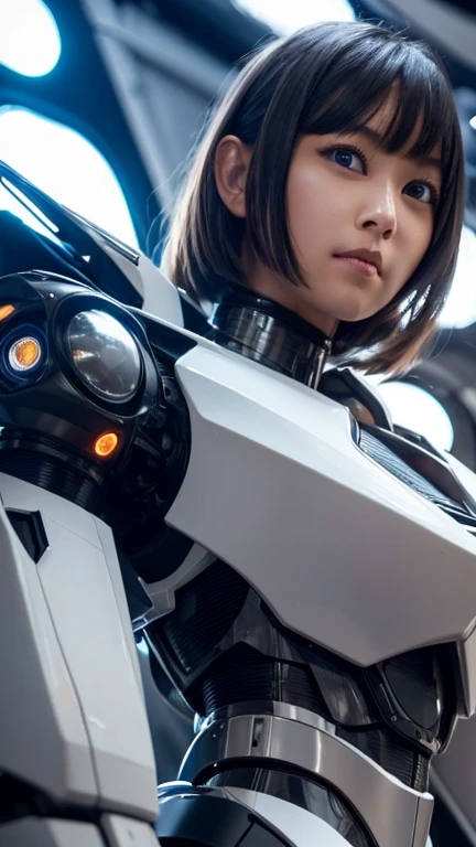 Wide-angle shot, 1 female, Mecha, Glowing black eyes, Very cute face, (Realistic:1.37), バイオMechaニカル, Spaceship interior bokeh background, Ultra-realistic, Very detailed, Very intricate details, Beautiful woman in focus