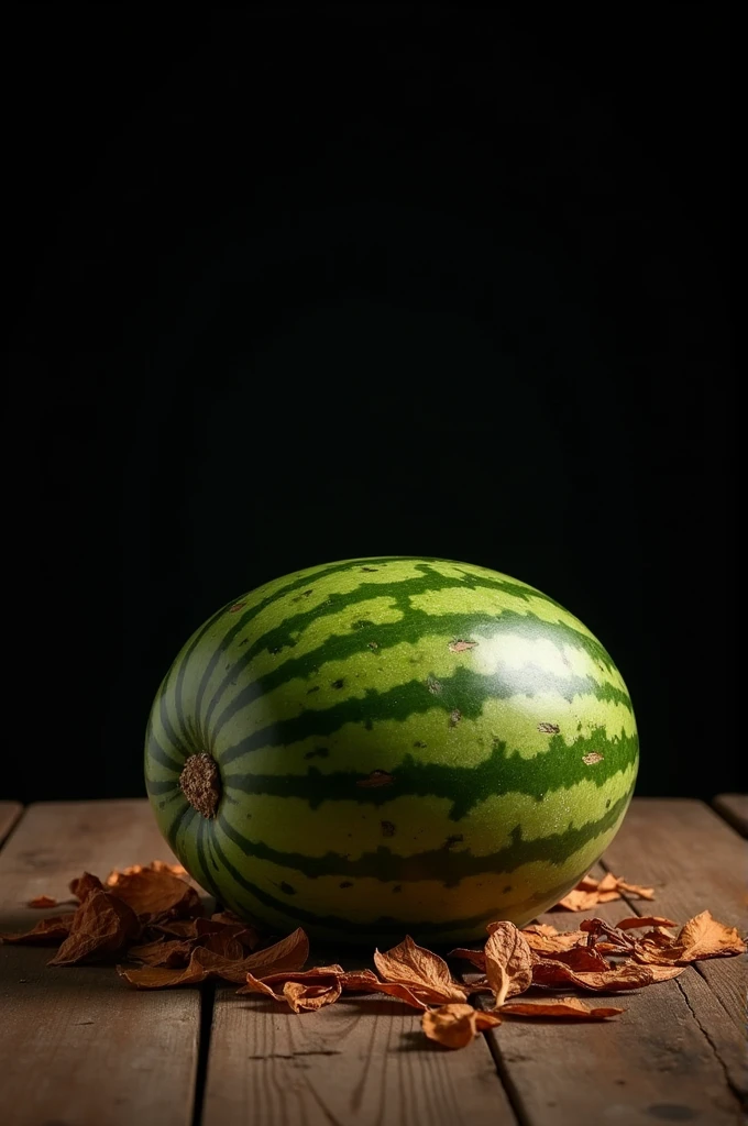 "Visualize a fresh watermelon placed on a wooden table. Bits of tobacco leaves are scattered around the table, providing a natural atmosphere. The background is plain and black, creating a clear focus on the main object. The image was taken indoors with soft lighting to highlight watermelon texture and wood grain."