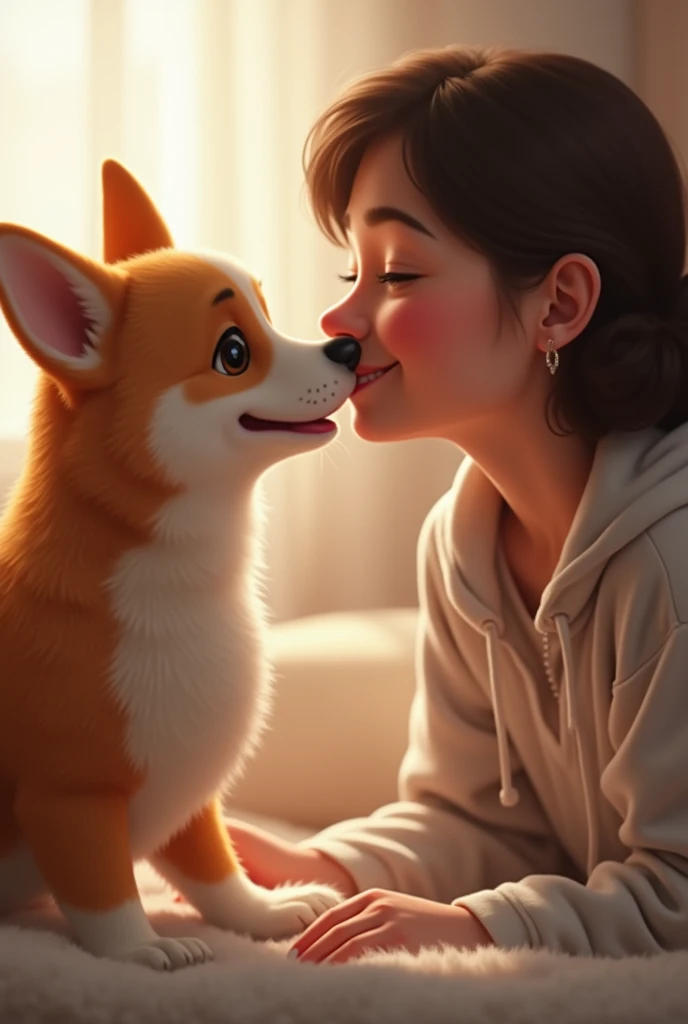 Picture of an 8-month-old corgi kissing a woman on the cheek.