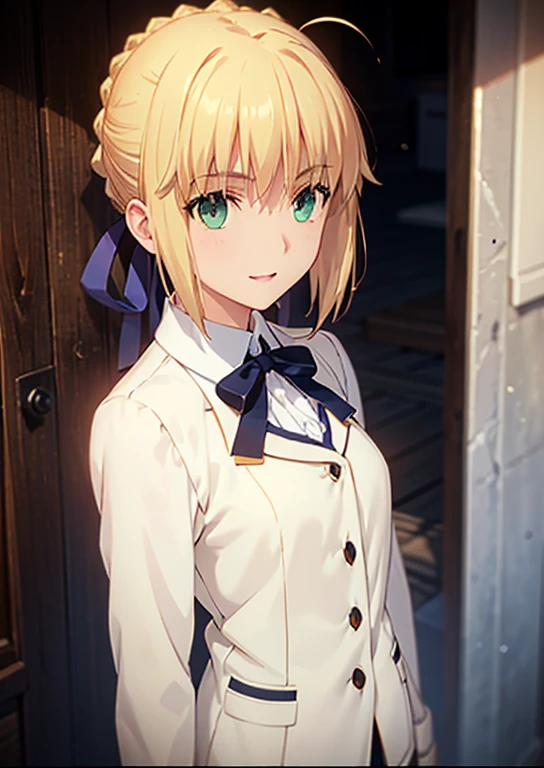 masterpiece, beautiful detail, beautiful light and shadow,Beautiful Anime Woman, Beautiful art style, Anime characters,1girl, ((((solo)))),saber,blonde hair, short hair, hair ribbon, saddle jacket, Casual shirt,Low-rise pants, white collar,outdoors, open jacket,smile,parted lips break ((dynamic pose)), orange lips, eyebrows,close-up,