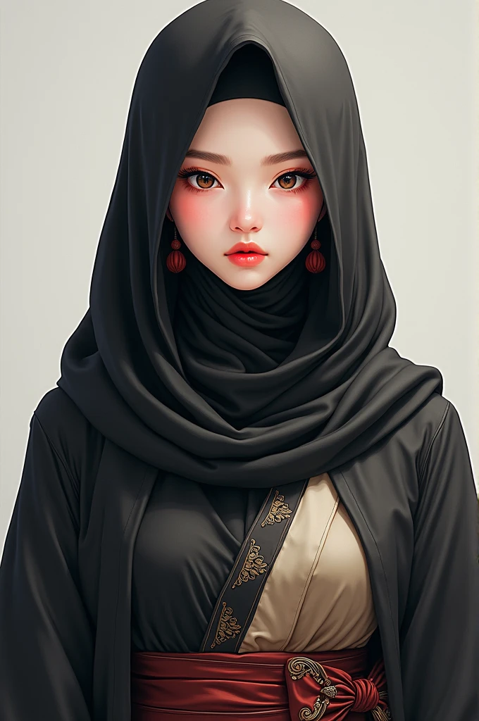 .masterpiece:1.2, best quality), realistic, (real picture, intricate details, depth of field), (1girl, solo), make up, parted lips, highly-detailed, perfect face, (skindentation), glossy coral lips, (A girl wearing full hijab, Islamic clothes), blushing, Raiden baal (Raiden shougn) from genshin impact,high-detailed hands,