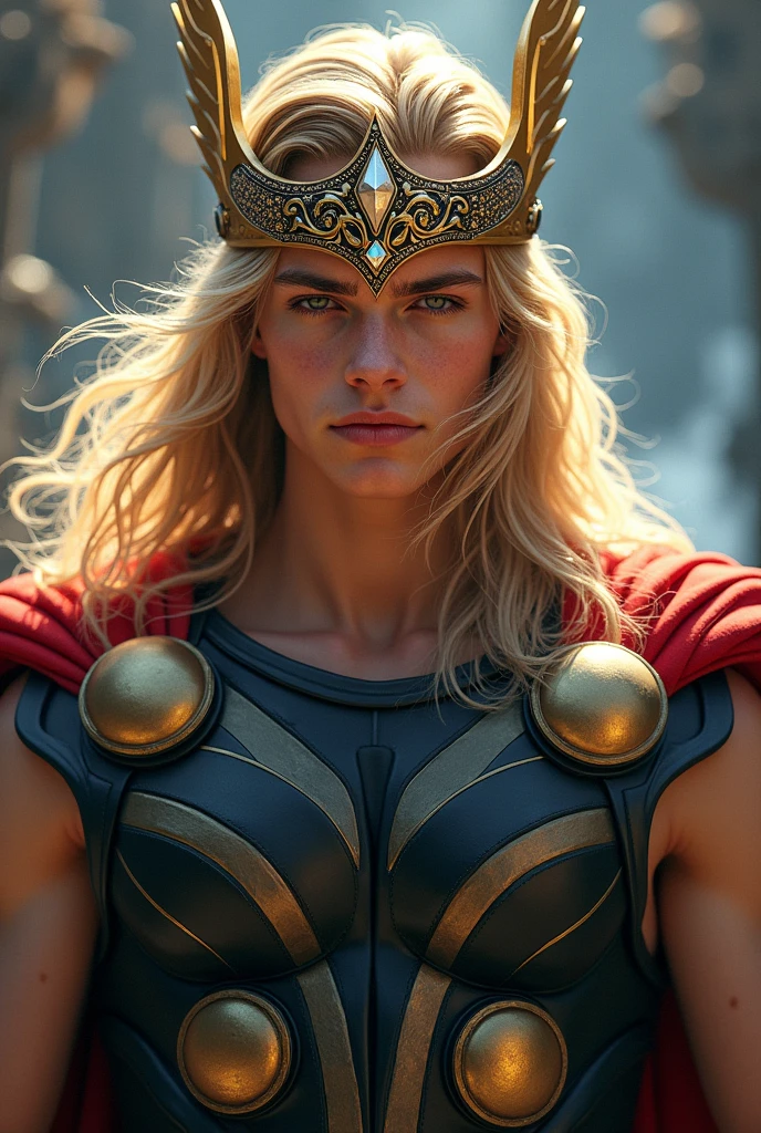 Beautiful and sexy teenage Thor. With a crown of gold and gems.