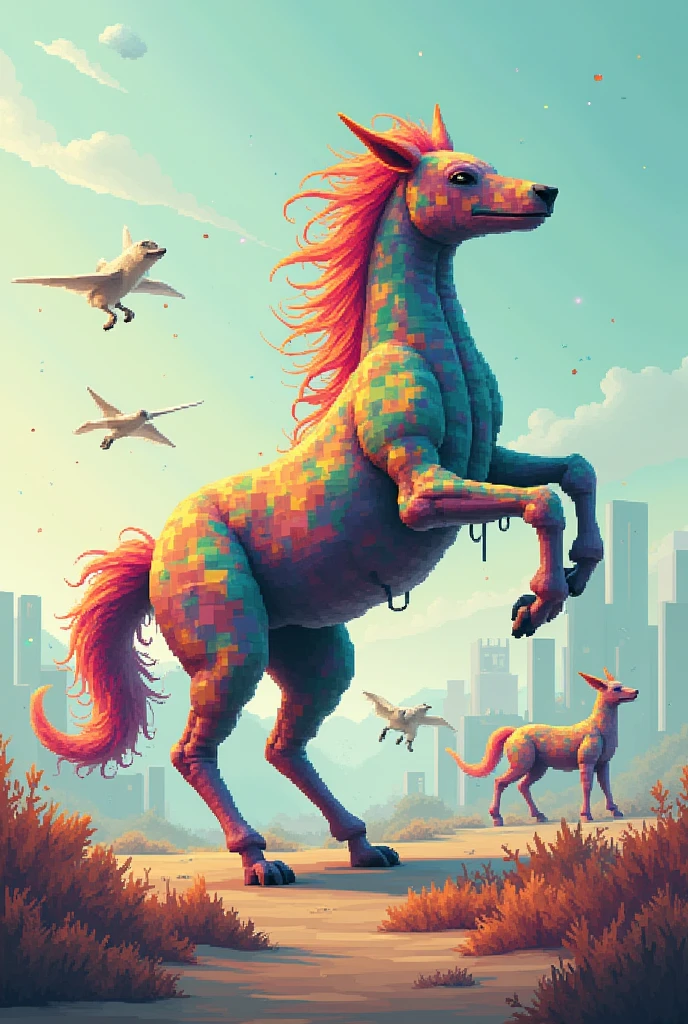 Tetris, pixelated wind, animals composed of Tetris